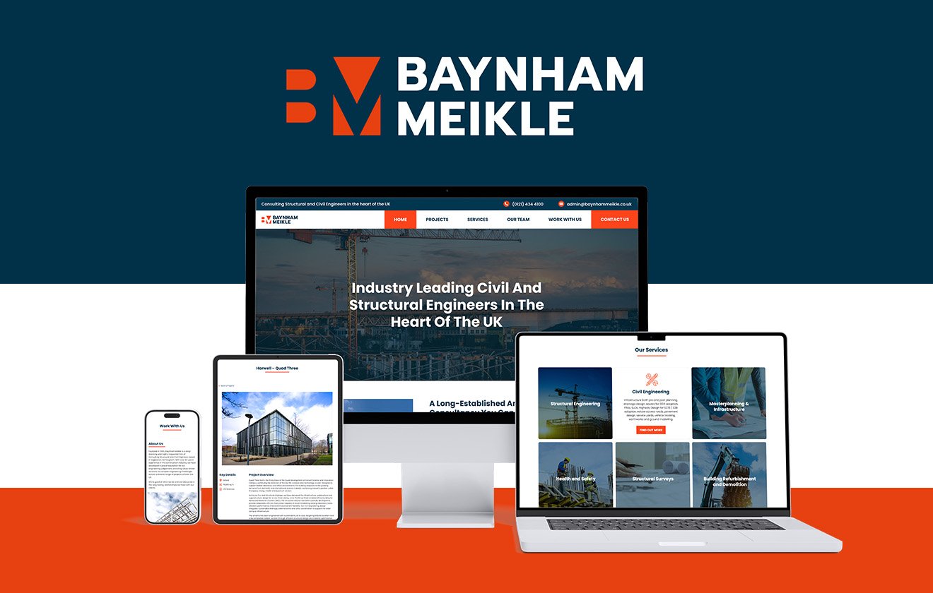 A layout consisting of the company logo for Baynham Meikle, a website design with mobile, desktop and tablet views with strips of blue, white and orange running horizontally behind everything